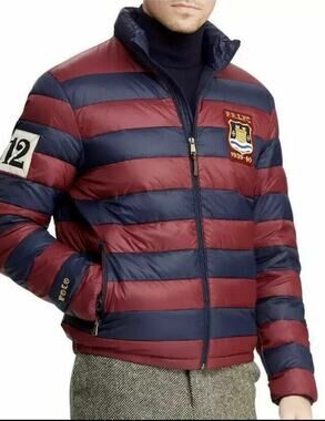 POLO Ralph Lauren Rugby Down Puffer Jacket Sz Small Navy Burgundy Striped
